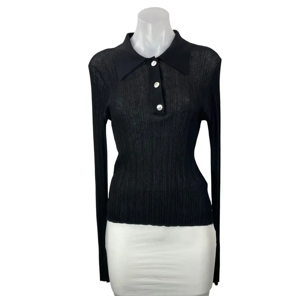 French Connection Women's Black Ribbed Knit Long Sleeve Henley Blouse Top Size L